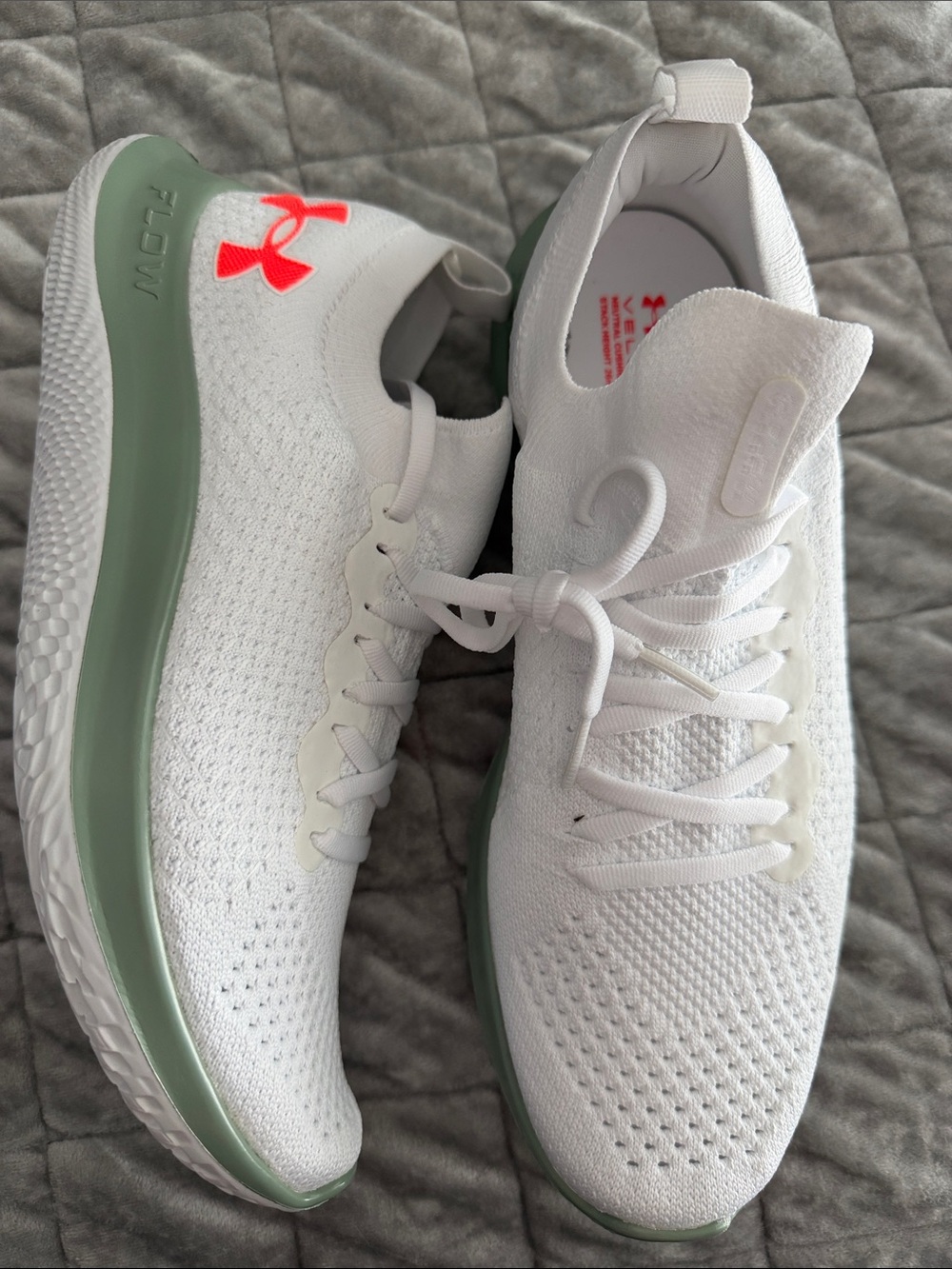 Under Armour Women’s White Knit Sneakers with Sage Green Midsole and Coral Logo